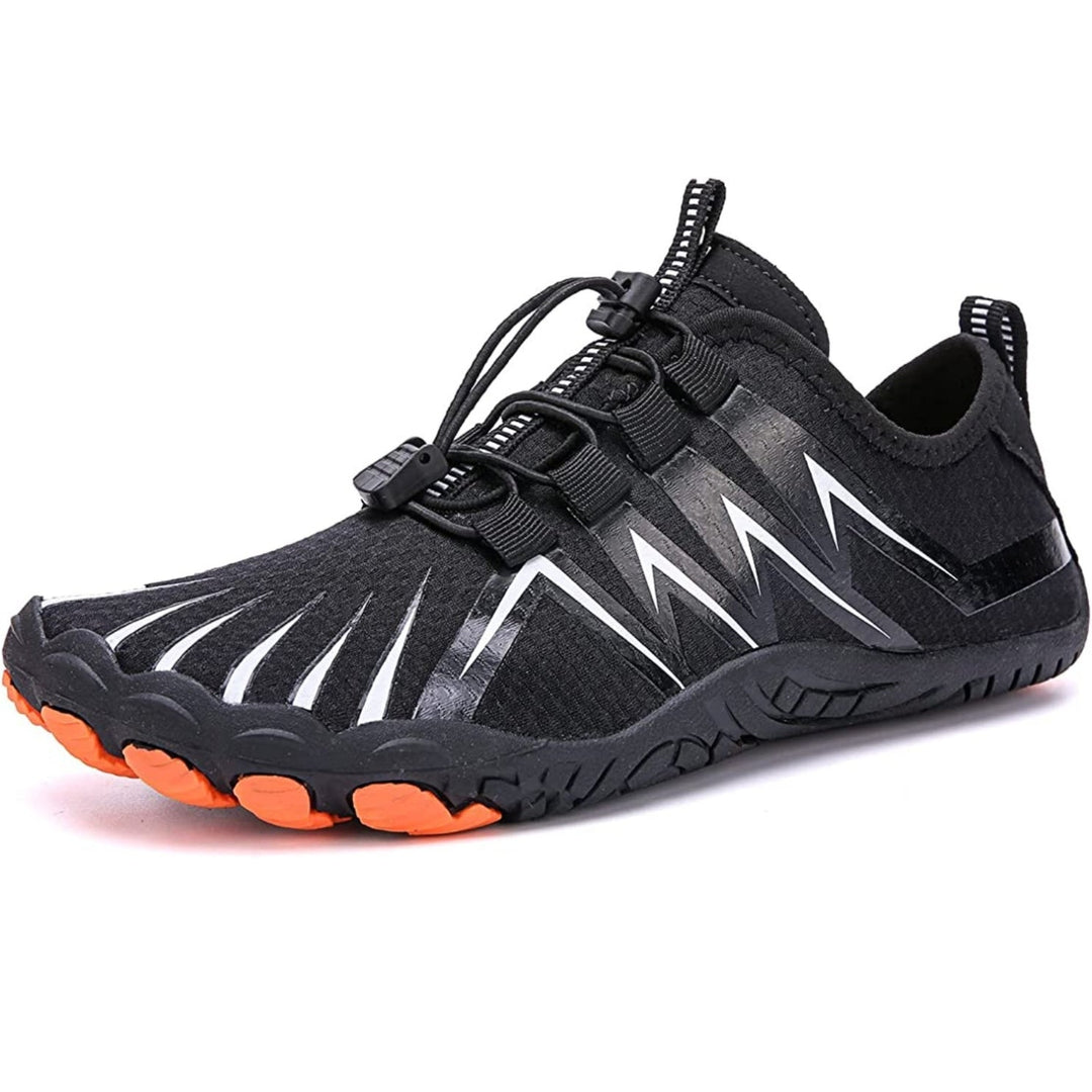 Black men's wide fit barefoot shoes, flexible sole for natural movement.
