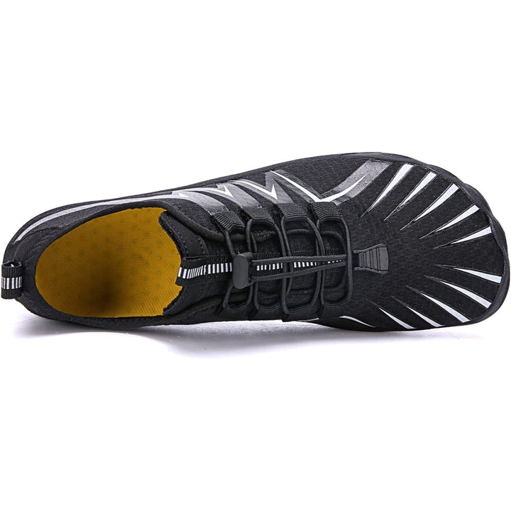 Red men's minimalist barefoot shoes, lightweight, breathable, great for outdoor activities.
