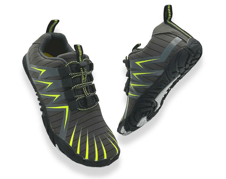 Grey men's casual barefoot shoes, wide fit, flexible sole, durable for outdoor use.