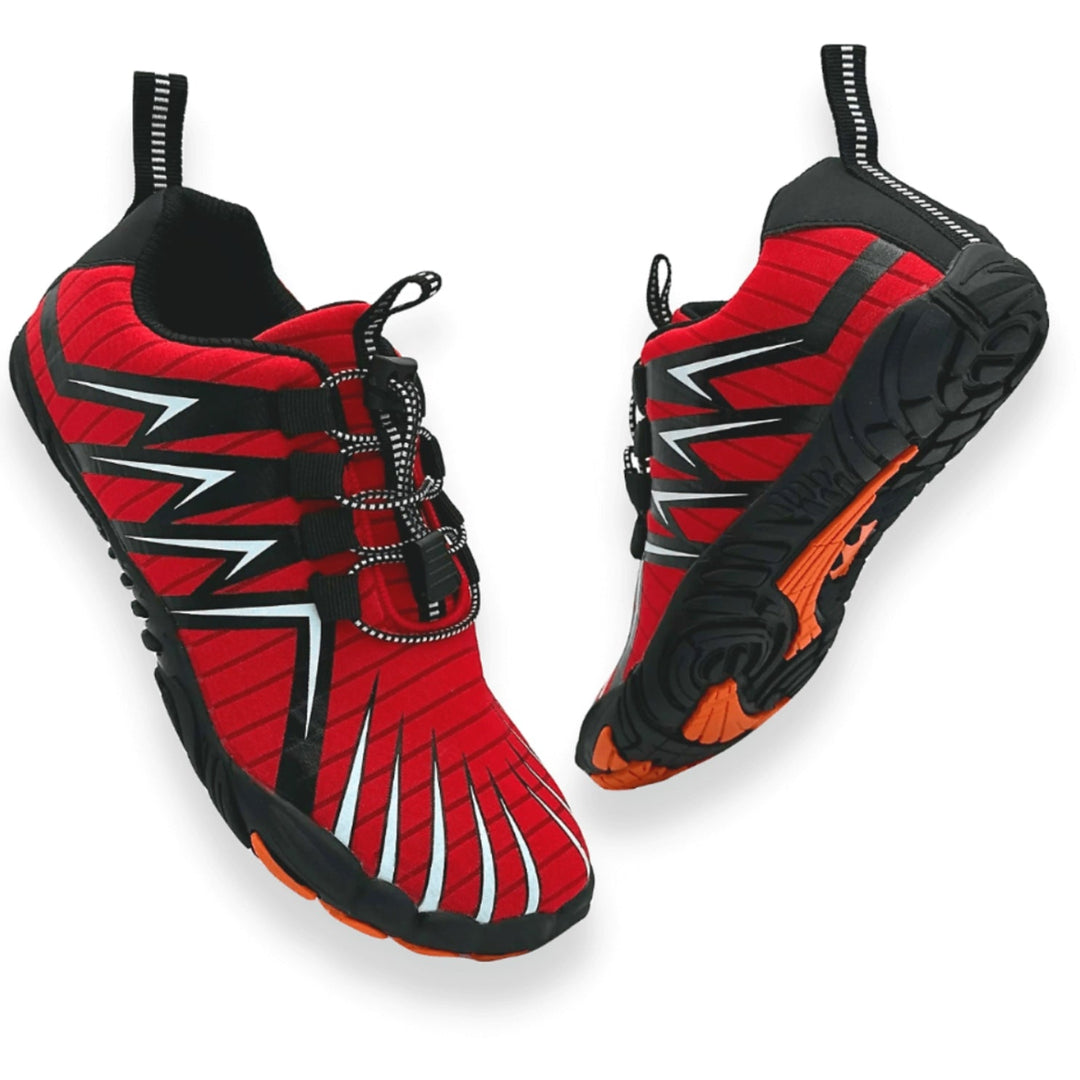 Red men's barefoot shoes, lightweight & breathable, ideal for athletic activities.
