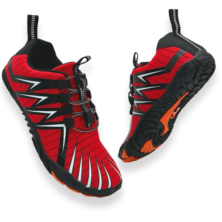Red men's barefoot shoes, lightweight & breathable, ideal for athletic activities.