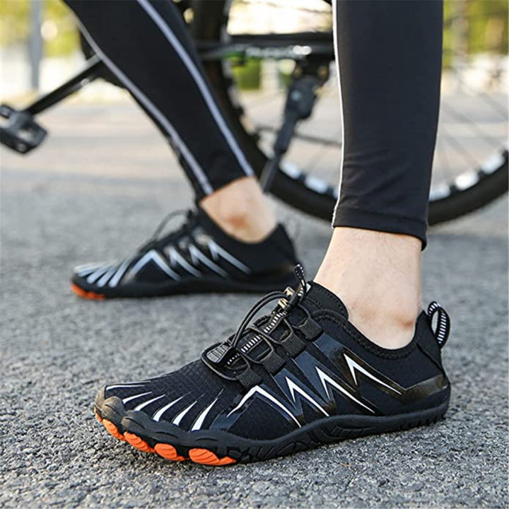 Yellow athletic men's barefoot shoes, breathable & lightweight for outdoor sports.