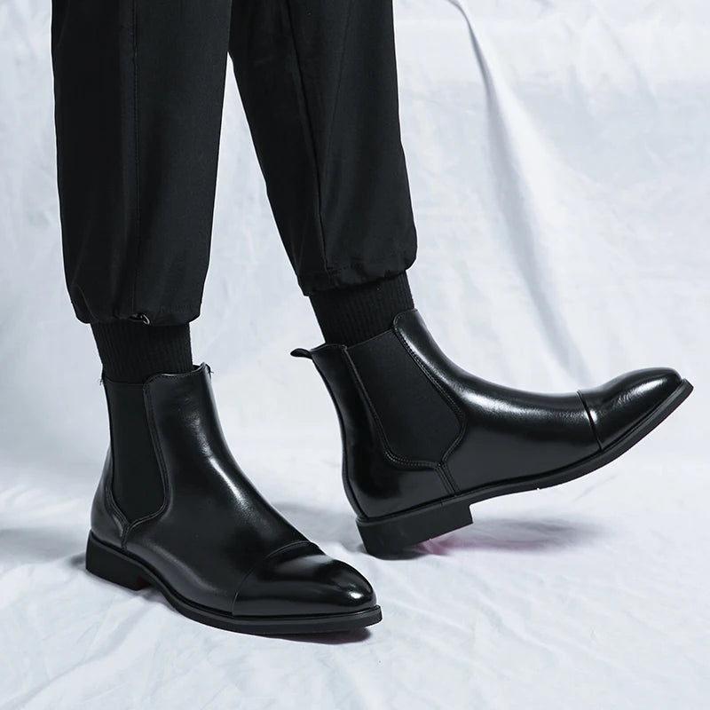 Stylish men's cap toe Chelsea boots, ideal for both formal & casual wear. Comfortable slip-on ankle boots.