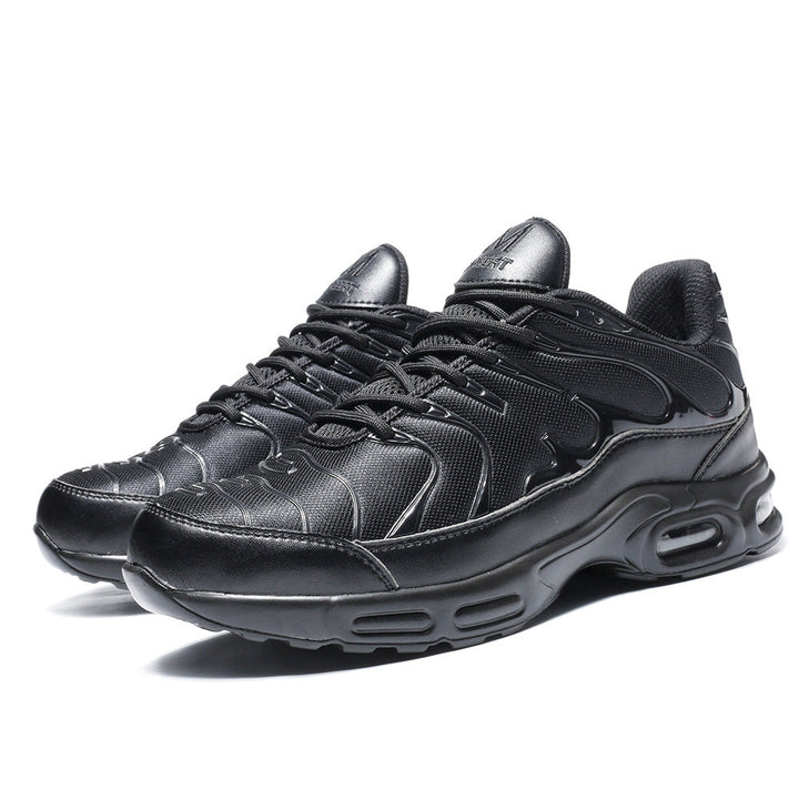 Black men's lightweight water-resistant safety shoes with steel toe for jobsite protection and comfort.
