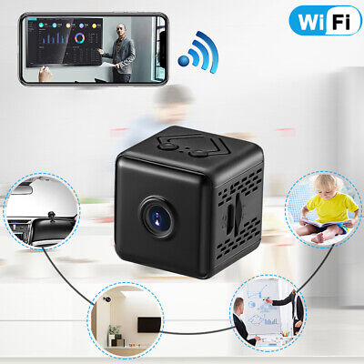 Black mini wireless security camera with motion detection & night vision for discreet home/office surveillance.