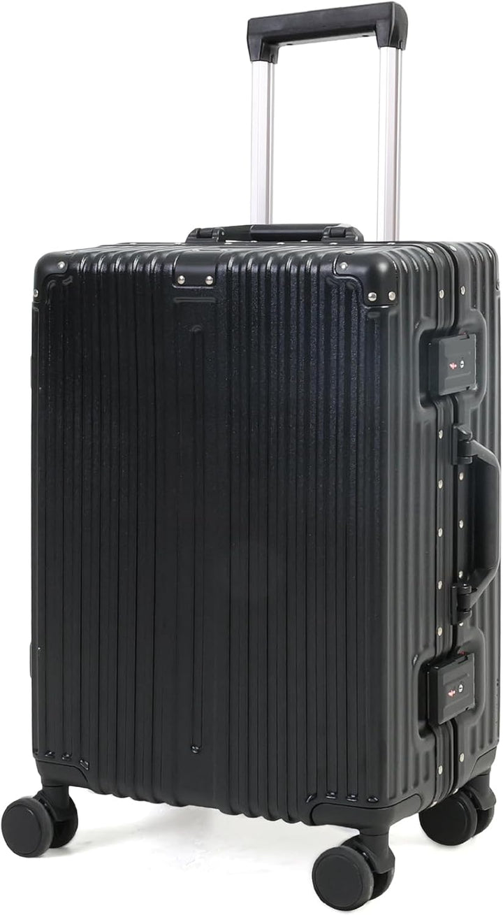 Black unisex aluminium frame carry-on luggage with TSA lock and silent spinner wheels for durable travel.