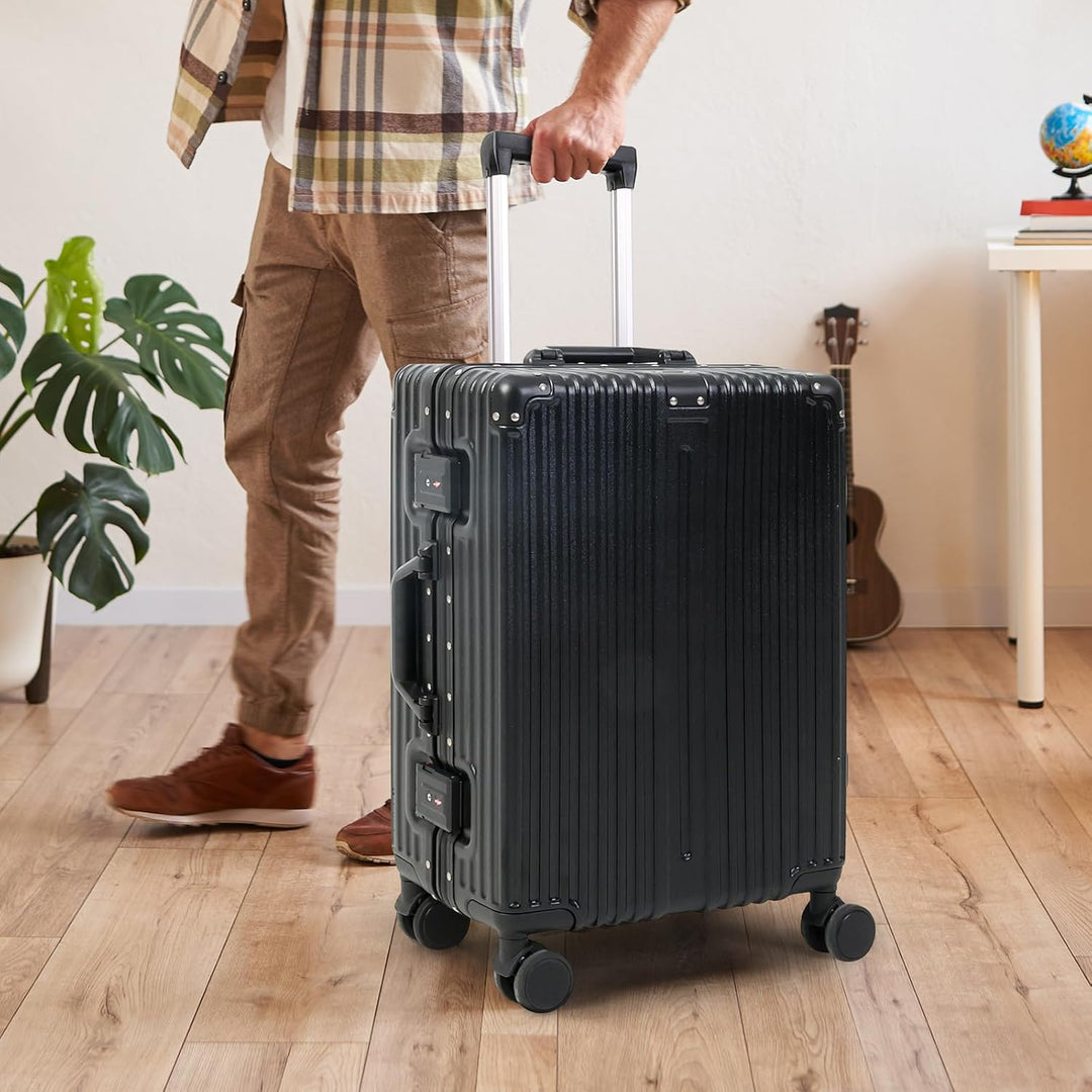 Durable aluminium hard shell carry-on suitcase, black, with secure TSA lock and smooth spinner wheels.