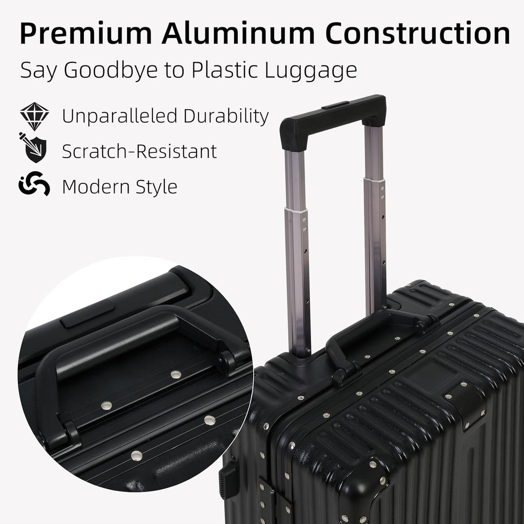 Compact black carry-on luggage featuring an aluminium frame, TSA lock, and silent 360-degree spinner wheels.