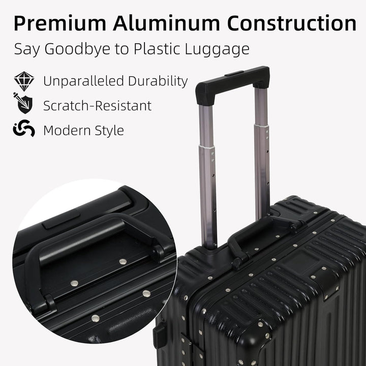 Compact black carry-on luggage featuring an aluminium frame, TSA lock, and silent 360-degree spinner wheels.