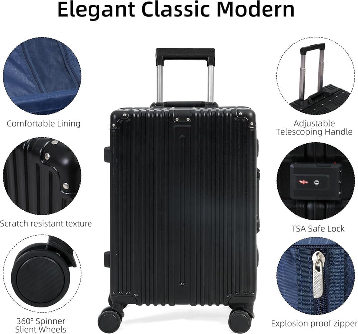 Unisex black aluminium carry-on travel bag with integrated TSA lock and quiet, multi-directional spinner wheels.