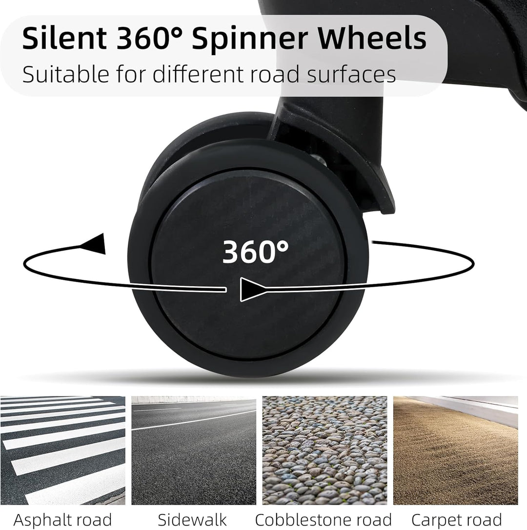 Hard shell black aluminium carry-on luggage. Easy-glide silent spinner wheels & TSA lock for secure travel.