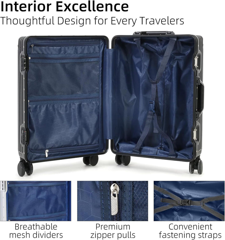 Sleek black carry-on suitcase with a sturdy aluminium frame, silent spinner wheels, and convenient TSA lock.