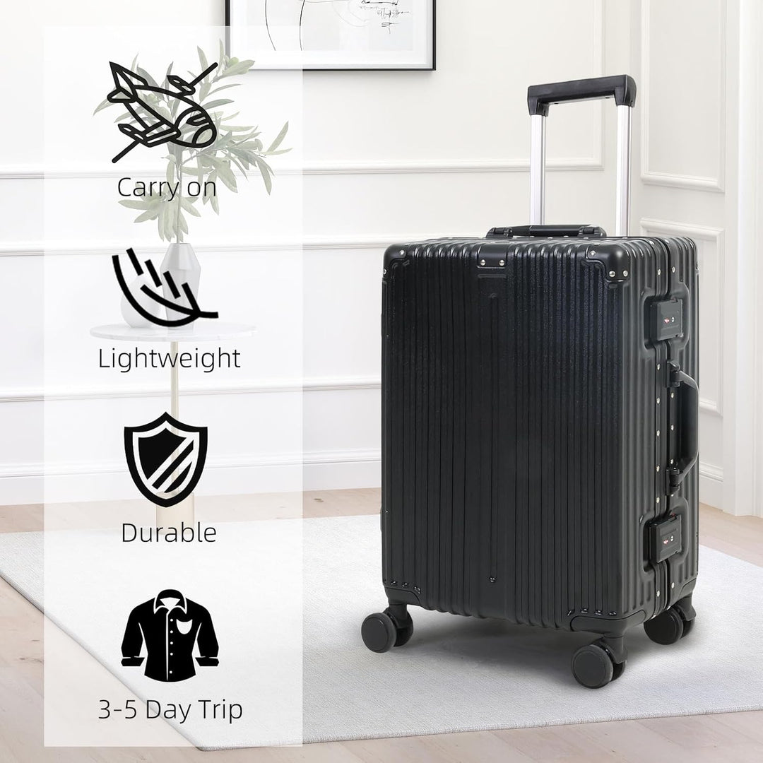 Premium black carry-on travel bag: aluminium frame, secure TSA lock, and ultra-quiet spinner wheels for trips.