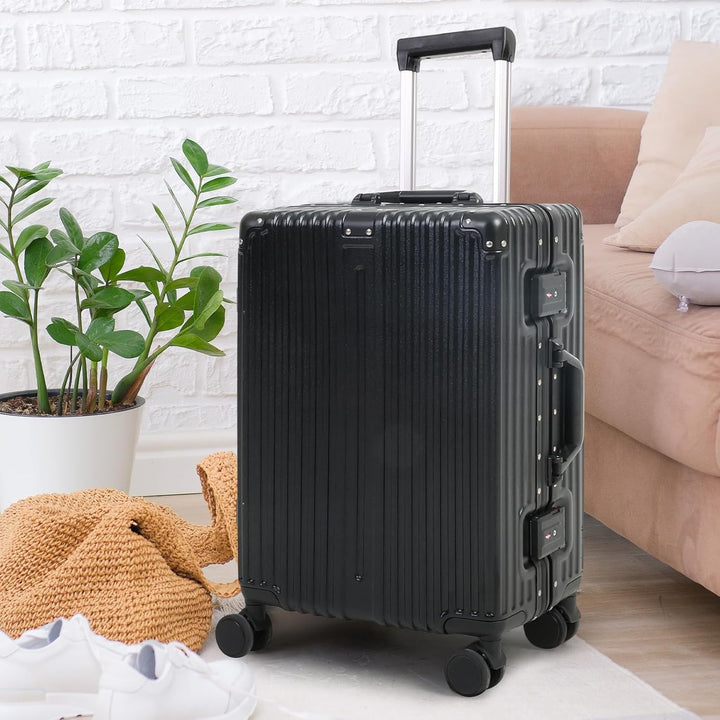 Robust black aluminium frame carry-on luggage, unisex, with smooth silent spinner wheels and TSA security lock.