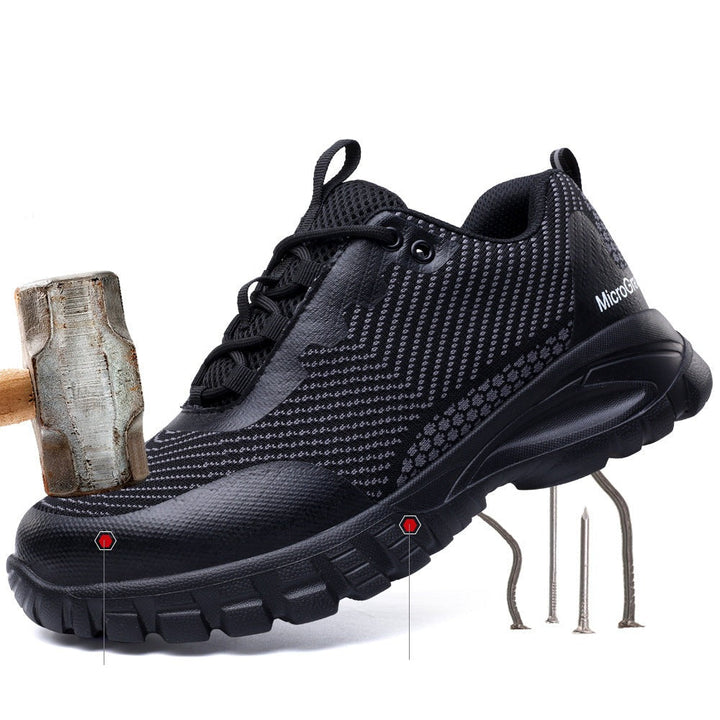 New black unisex safety shoes, water-resistant with slip-resistant sole, ideal for protective work.