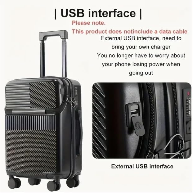 Black unisex carry-on travel bag with integrated USB charging port, TSA lock, & multi-directional spinner wheels.
