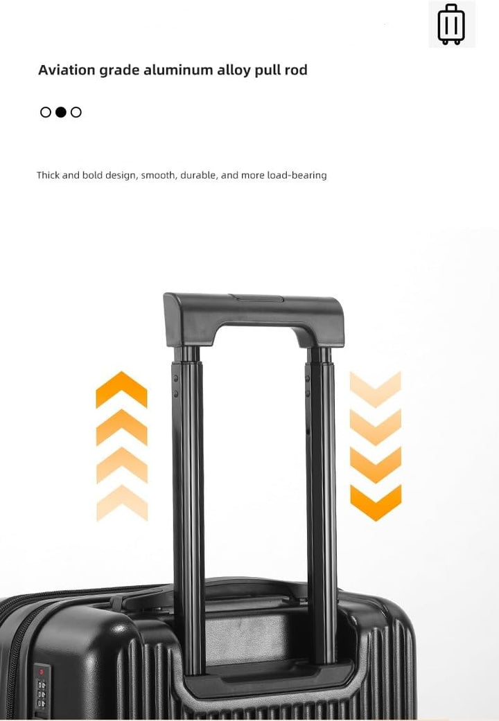 Modern black smart carry-on travel bag with USB charger, TSA lock, and silent spinner wheels.