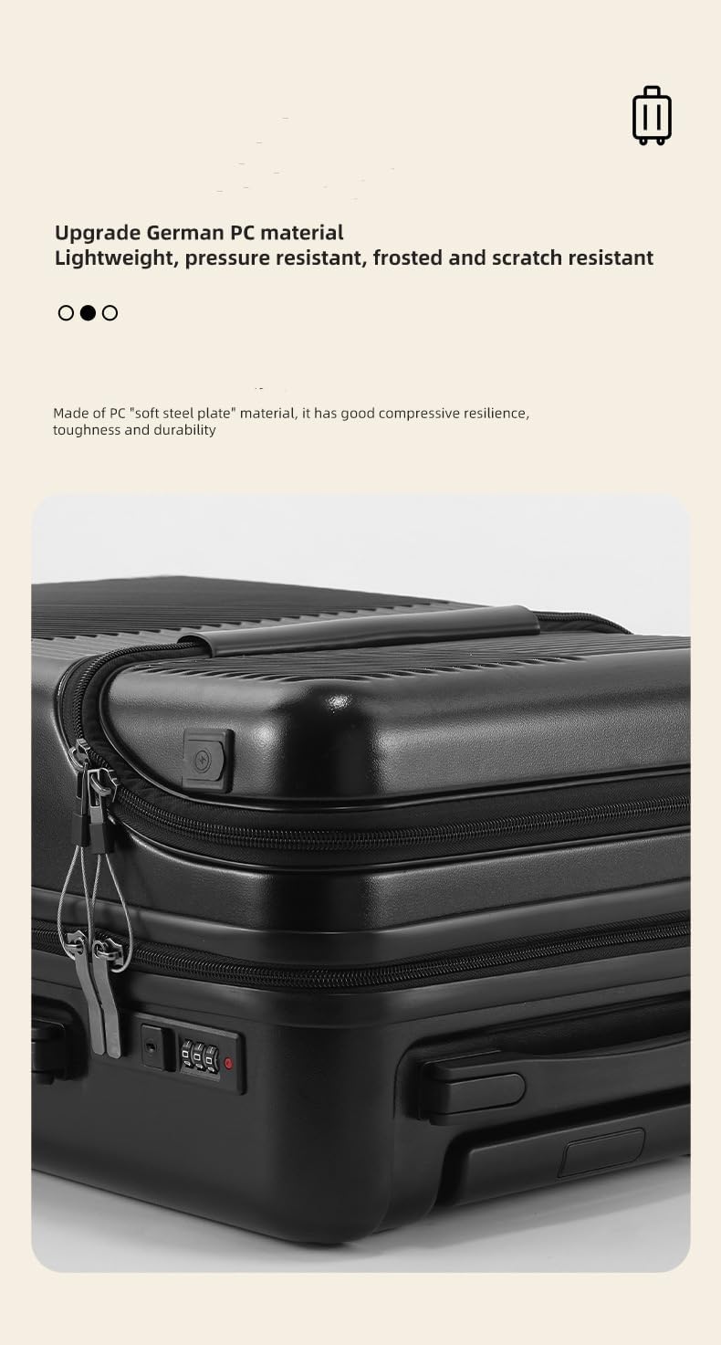 Unisex smart carry-on luggage, black hard shell, with USB port, TSA lock, & smooth spinner wheels.