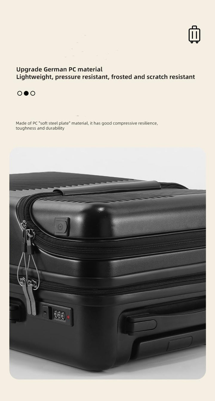 Unisex smart carry-on luggage, black hard shell, with USB port, TSA lock, & smooth spinner wheels.