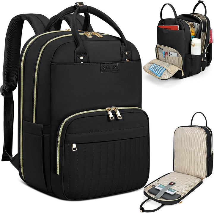Black unisex water-resistant travel laptop backpack for 15.6" laptops, ideal for daily commute, business, and college.