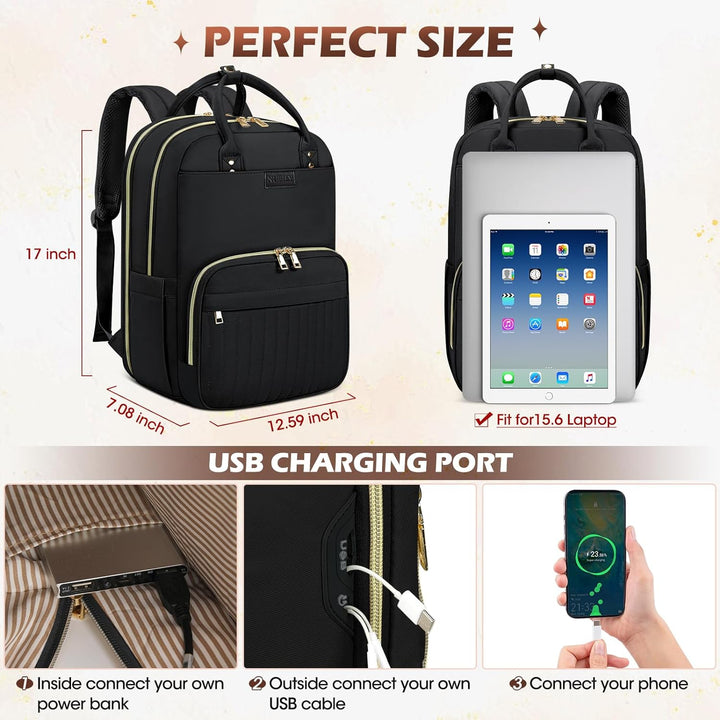 Side profile of sleek black water-resistant travel laptop backpack, 15.6-inch laptop fit, airport friendly & durable.
