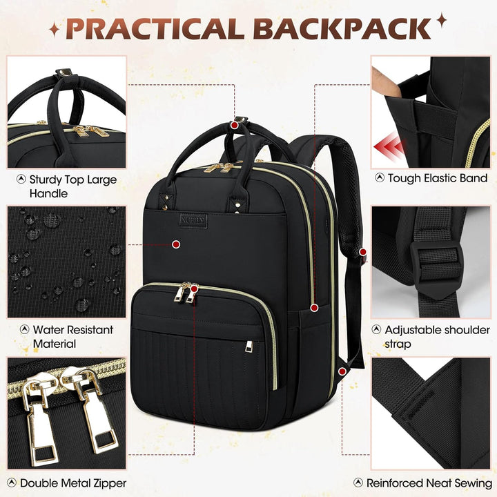 Back view of black unisex water-resistant travel laptop backpack, 15.6" laptop compatible, with padded straps & security.