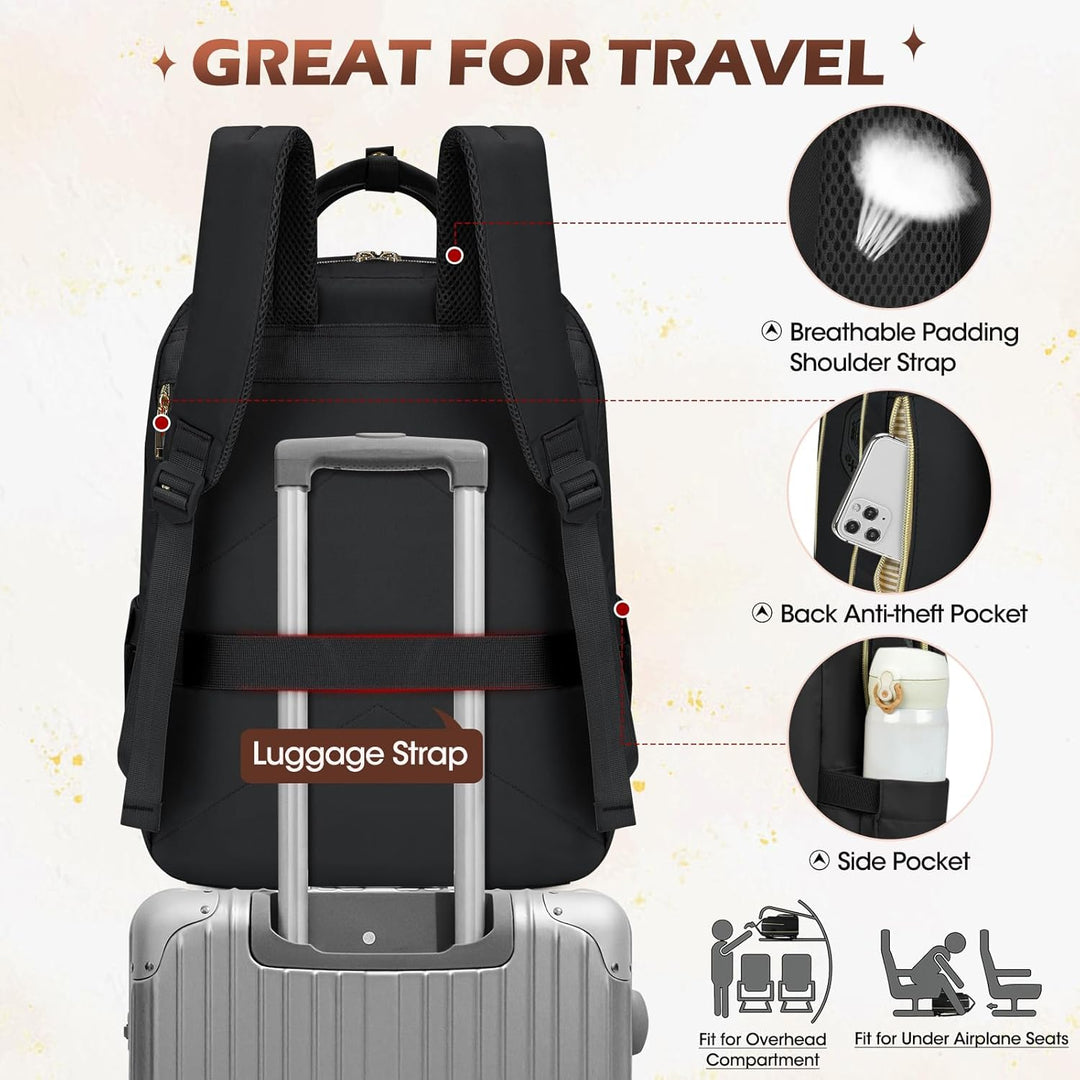 Detailed texture of the durable water-resistant material on a black 15.6" travel laptop backpack with organized features.