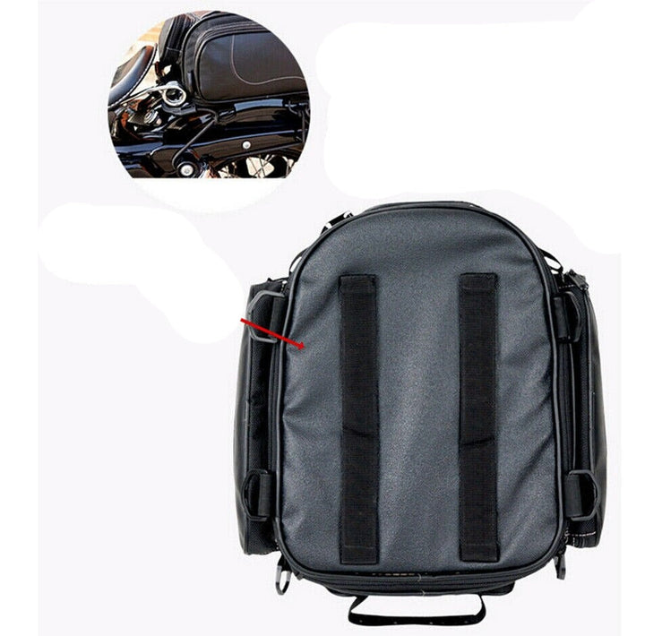 Compact water-resistant motorcycle travel bag providing essential expandable storage for touring gear.