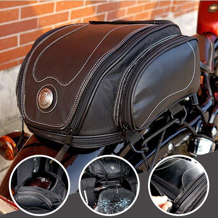 Durable black motorcycle tail bag featuring water-resistant material and ample expandable storage capacity.