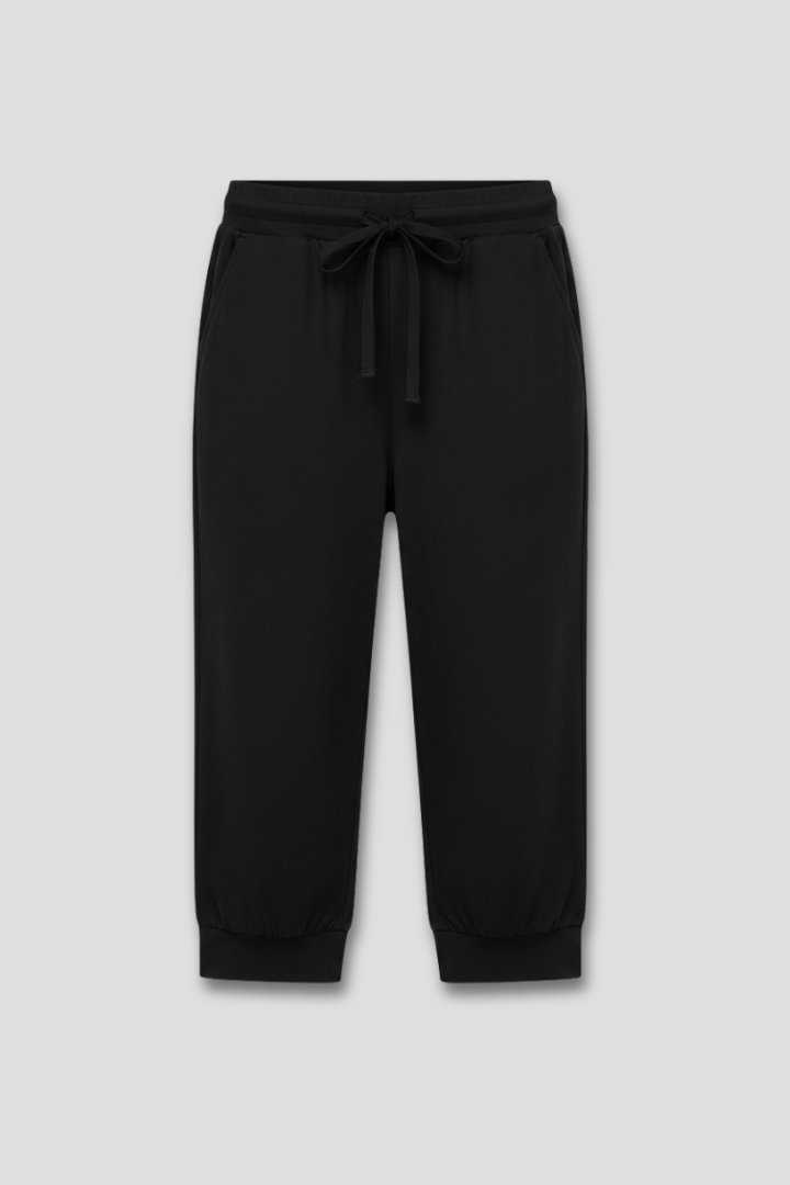 Black women's capri trousers with drawstring waist, perfect for comfortable summer casual wear