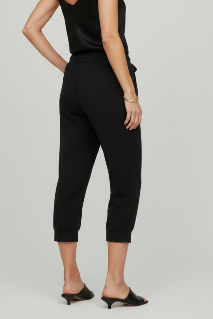 Women's black cropped pants, capri length with an adjustable drawstring waist for daily wear