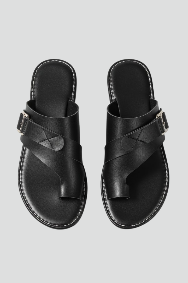 Black women's casual buckle detail summer sandals with wide straps on a white background