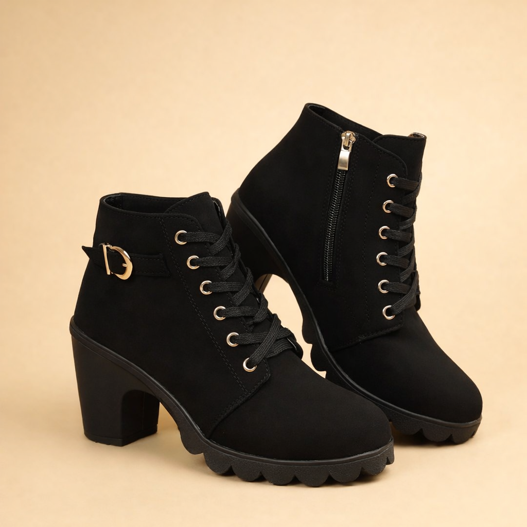 Edgy black women's lace-up ankle boots with chunky heel, platform sole, and buckle details for a bold statement.