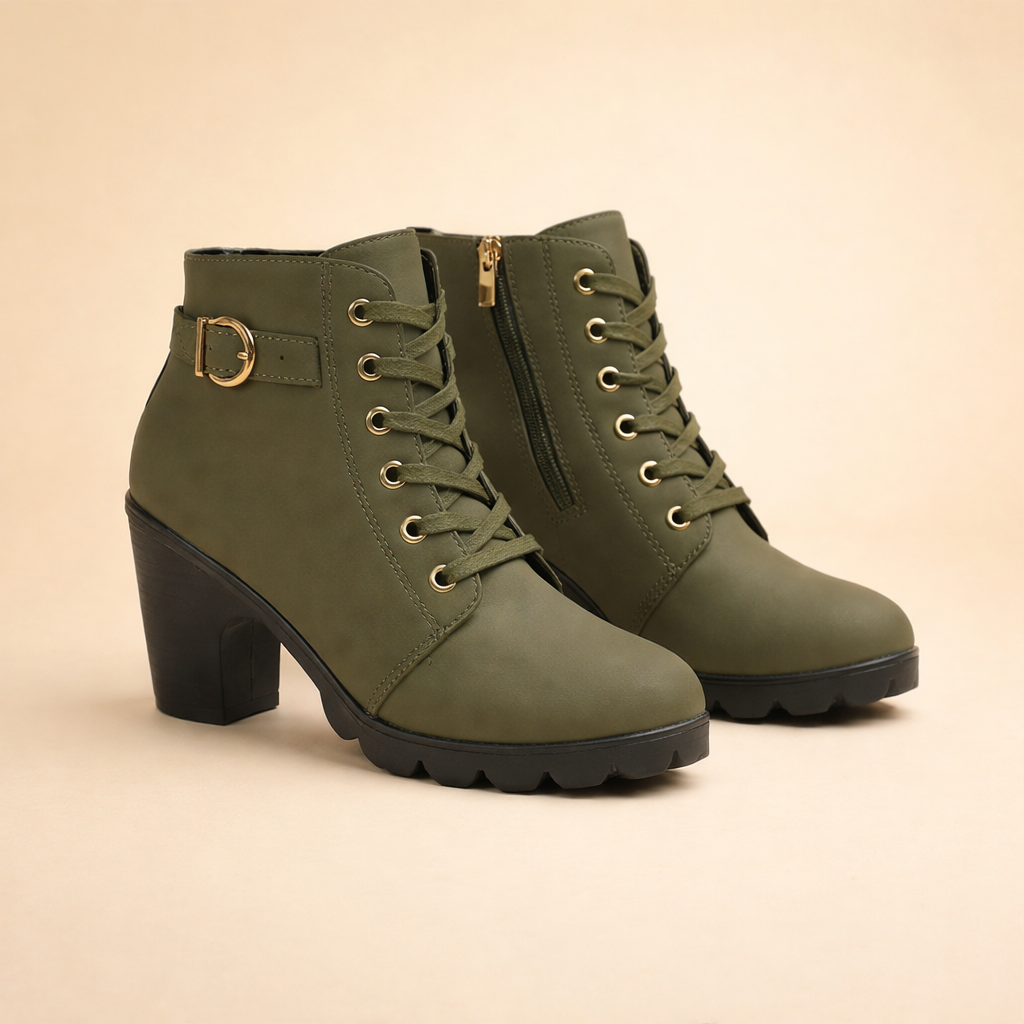 Green women's edgy chunky heel lace-up winter ankle boots featuring platform sole & stylish buckle accents.