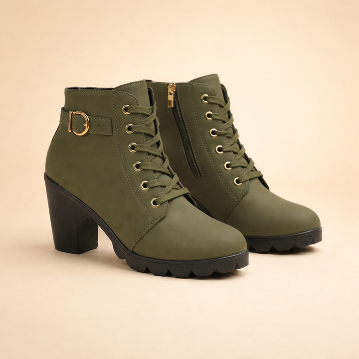 Green women's edgy chunky heel lace-up winter ankle boots featuring platform sole & stylish buckle accents.