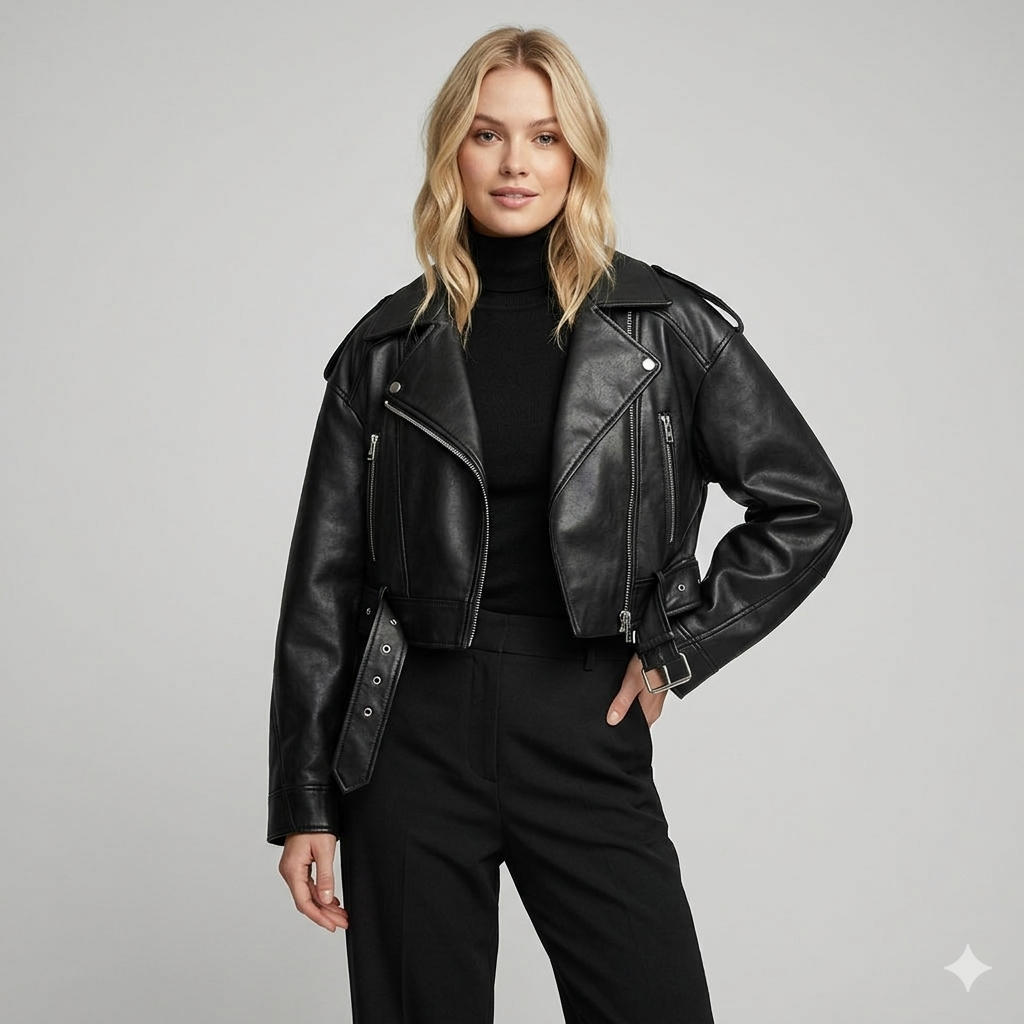 Black women's tailored biker jacket, elegant & modern chic outerwear for versatile spring fashion.