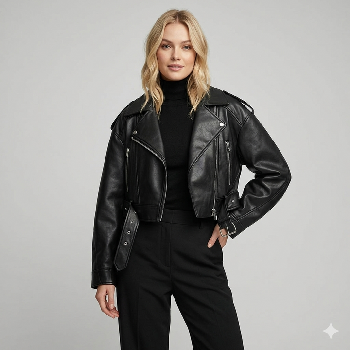 Black women's tailored biker jacket, elegant & modern chic outerwear for versatile spring fashion.