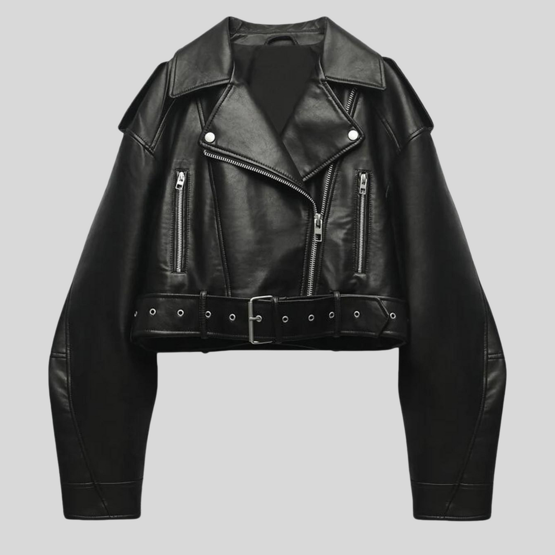 Chic women's tailored black biker jacket, a stylish lightweight outerwear piece for modern fashion.