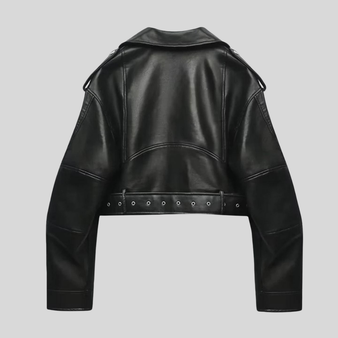 Stylish black tailored biker jacket for women, offering a modern chic silhouette and fashion outerwear.