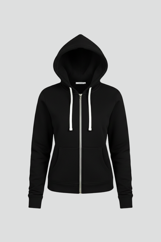 Black zip-up women's hoodie with drawstring hood and pockets, perfect for winter casual wear
