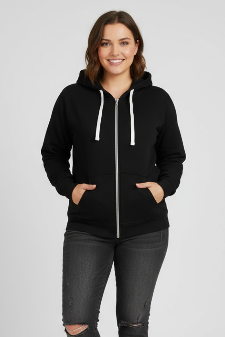 Comfortable women's black loungewear hoodie with full zip and adjustable drawstring