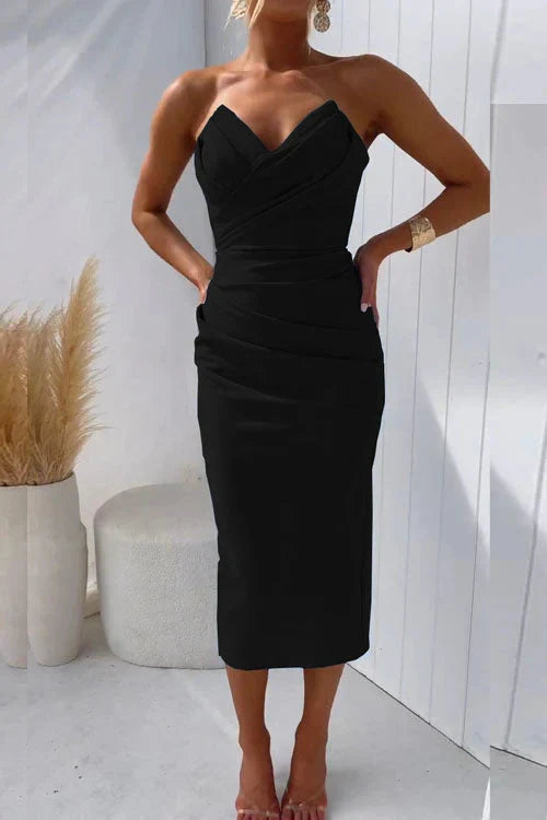 Fashionable cocktail midi dress, backless and elegant for women's parties.