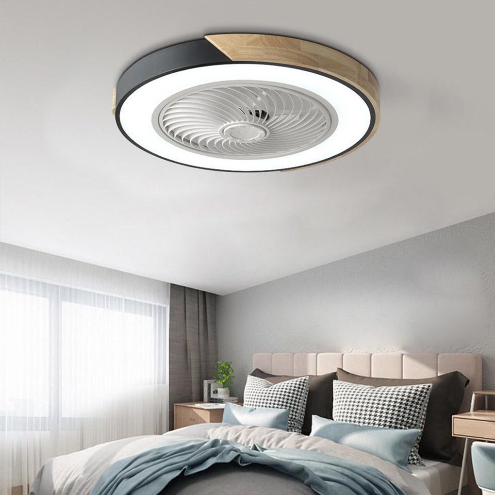 "Bladeless ceiling fan light with remote, sleek circular design, integrated LED, suitable for modern and farmhouse decor."