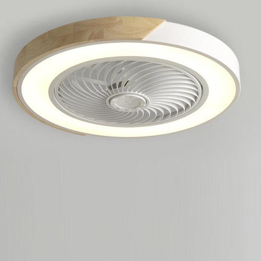 "Bladeless ceiling fan light with remote, sleek circular design, integrated LED, suitable for modern and farmhouse decor."