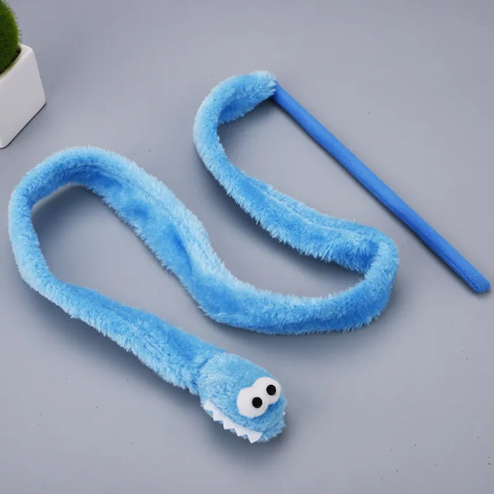 Interactive blue plush worm cat toy, perfect for pet play & stimulating your feline's natural hunting instincts.
