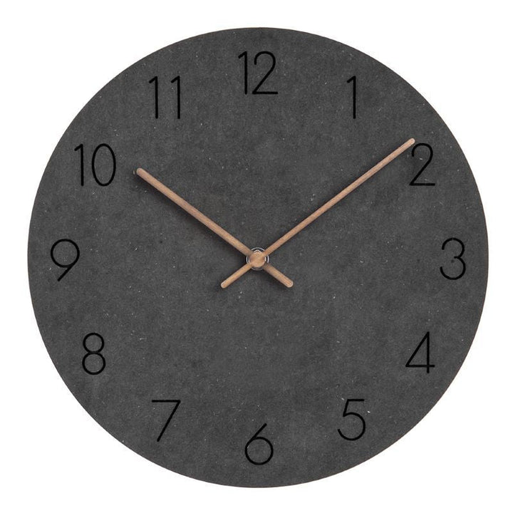 Gray silent wood wall clock, minimalist round Scandinavian design, perfect for contemporary decor.