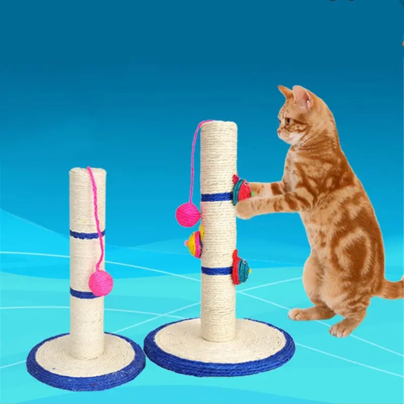 Blue sisal cat scratching post with interactive toys for feline claw care & play.