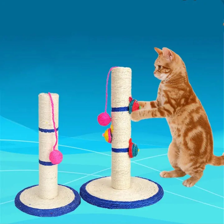 Blue sisal cat scratching post with interactive toys for feline claw care & play.