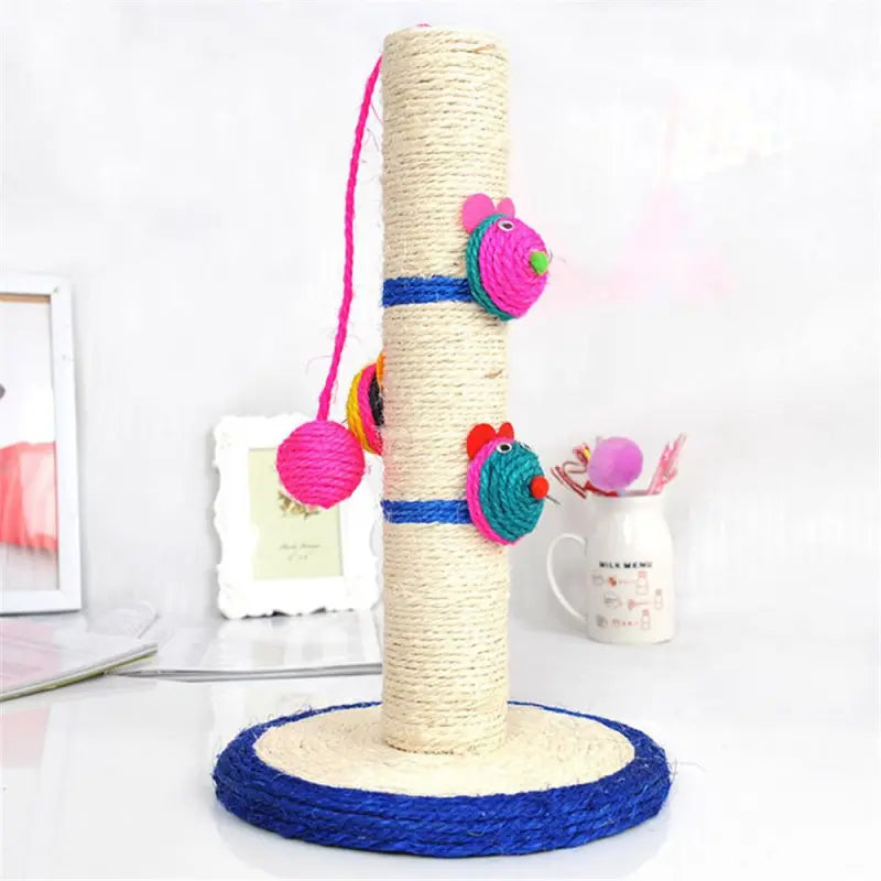 Engaging blue sisal cat scratching post with dangling toys & balls for interactive pet enrichment.