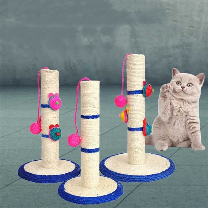 Blue sisal cat scratching post with attached interactive toys for playful feline claw care.